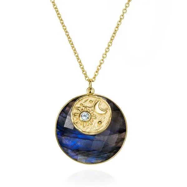 18K Vermeil Luna Bezel Set Laboradorite Pendant with Luna Charm -Blue Topaz Accents with Moon and Star Pattern West and Company Auburn, NY