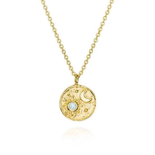 18K Vermeil Luna Necklace with Moon and Star Pattern and Blue Topaz Accent West and Company Auburn, NY