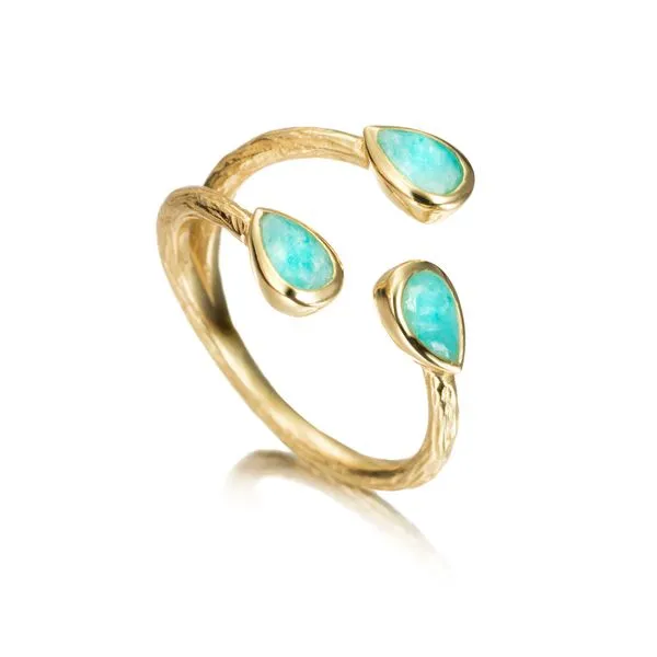 18K Vermeil Amazonite Bypass Wrap Style Ring with Textured Band -Adjustable West and Company Auburn, NY
