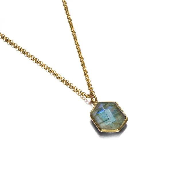 18K Vermeil Bezel Set Laboradorite Pendant with Cable Chain West and Company Auburn, NY