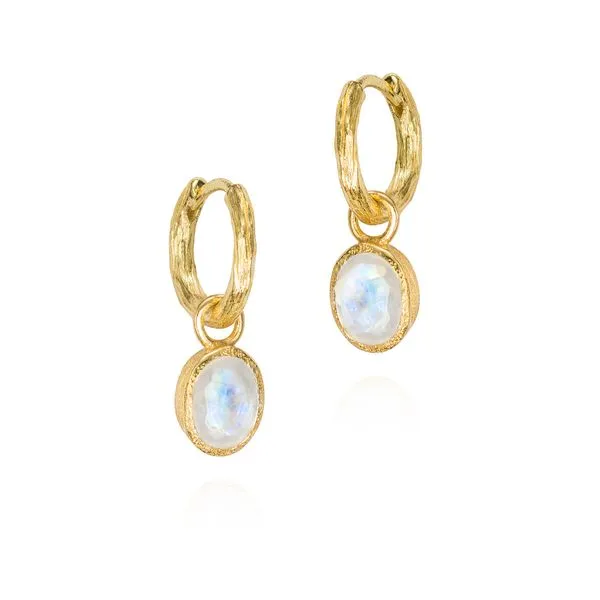 18K Vermeil Bezel Set Rainbow Moonstone Dangle Earrings with Hoop Top West and Company Auburn, NY