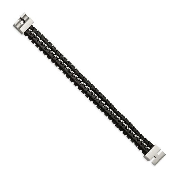 Stainless Stel and Brushed Black Leather 9 Inch Bracelet Image 2 West and Company Auburn, NY