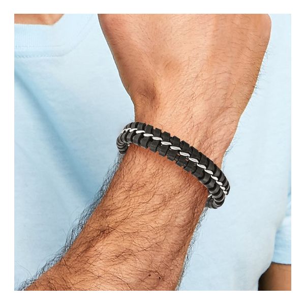 Stainless Stel and Brushed Black Leather 9 Inch Bracelet Image 3 West and Company Auburn, NY