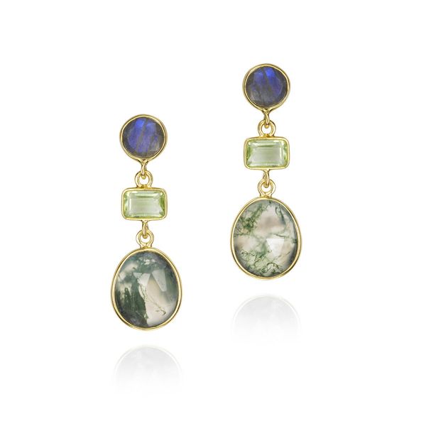18K Vermeil Moss Agate, Prasiolite and Laboradorite Dangle Earrings West and Company Auburn, NY