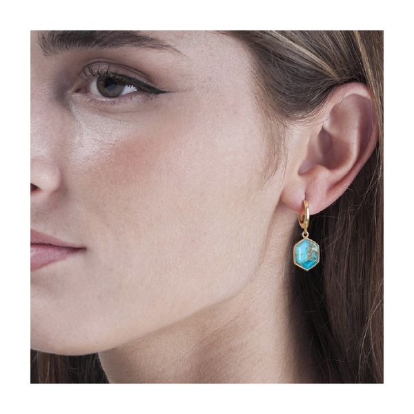 18K Vermeil Hoop Earrings with Bezel Set Hexagonal Turqoise Drops Image 2 West and Company Auburn, NY
