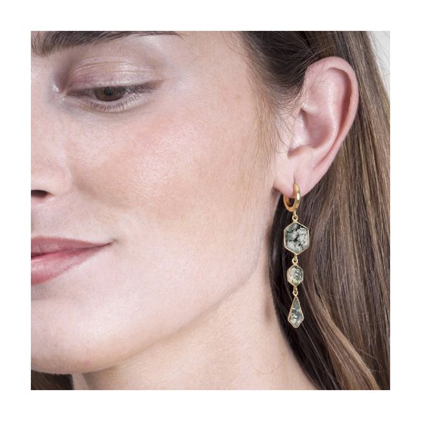 18K Vermeil Bezel Set Moss Agate Hoop Dangle Earrings Image 2 West and Company Auburn, NY