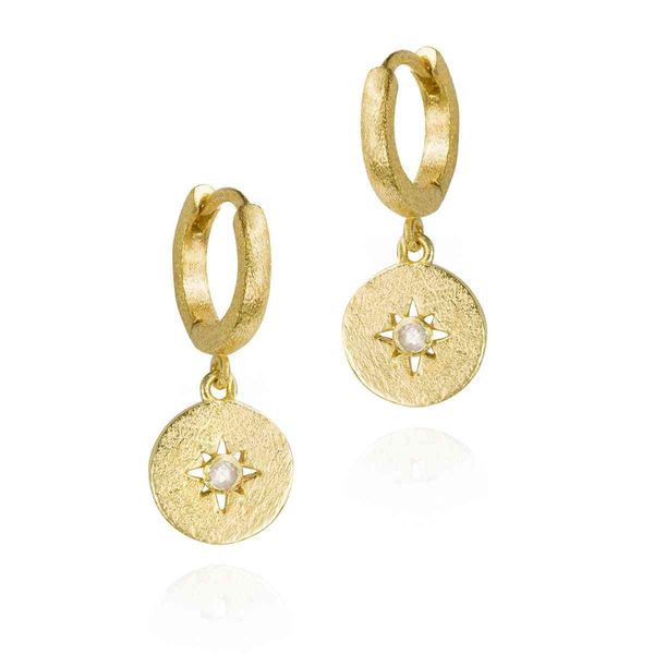 18K Vermeil Rainbow Moonstone Hoop Dangles with Star Pattern West and Company Auburn, NY
