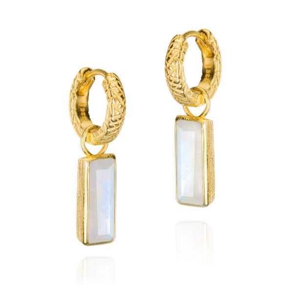 18K Vermeil Bezel Set Rainbow Moonstone Dangle Earrings with Hoop Top West and Company Auburn, NY