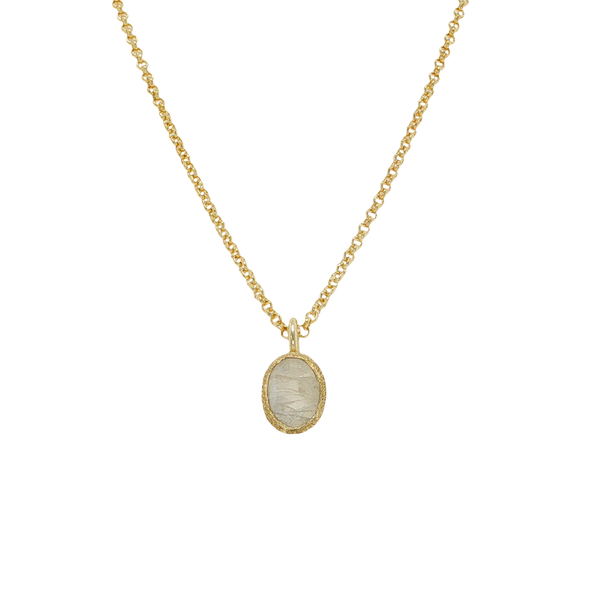 18K Vermeil Bezel Set Rainbow Moonstone Pendant with 18 Inch Chain West and Company Auburn, NY