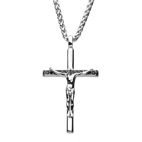 Stainless Steel with Black CZ  Crucifix Cross Pendant with 24