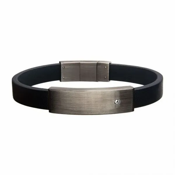 Stainless Steel Black Leather with 2mm Clear CZ ID Bracelet in Matte Finish West and Company Auburn, NY