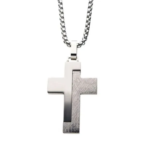 Modern Block-Textured Stainless Steel Cross Pendant with 24