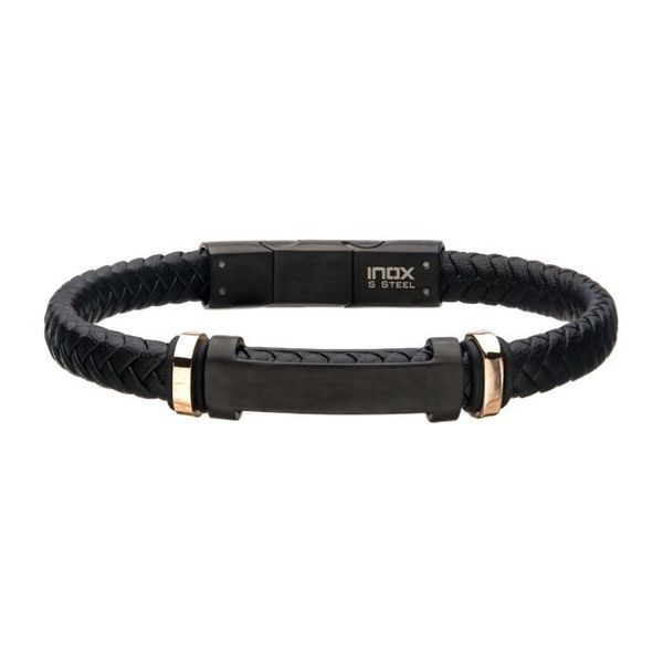 Stainless Steel 8mm Black and Rose Gold Plated Engraved with Black Braided Leather ID Bracelet West and Company Auburn, NY