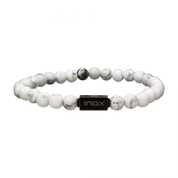 6mm White Howlite Gemstone Stretch Bead Bracelet with Steel Accent. 8 inch long West and Company Auburn, NY
