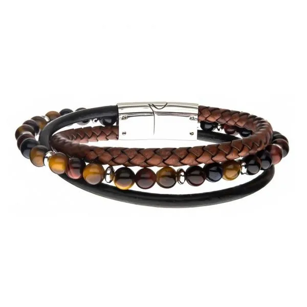 Tigers Eye and Brown Leather Stainless Steel Bracelet West and Company Auburn, NY