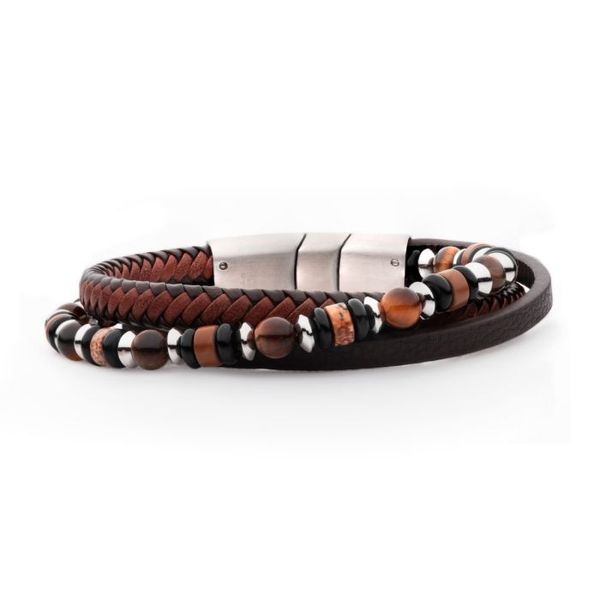 Brown Leather, Onyx, Tiger's Eye and Jasper Multi-Strand Bracelet West and Company Auburn, NY