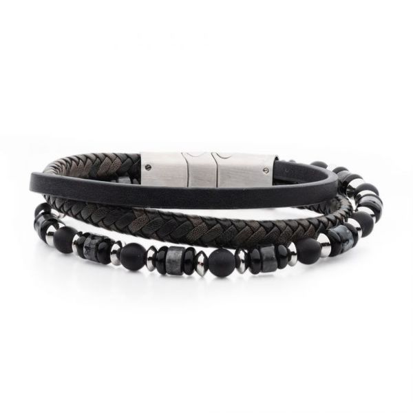 Leather, Onyx and Howlite Bracelet with Steel Magnetic Clasp West and Company Auburn, NY