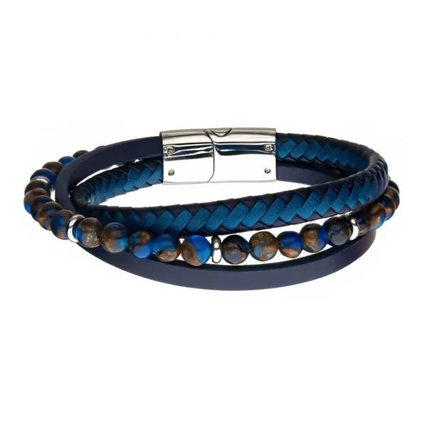 Stainless Steel Blue and Brown Beaded Leather Bracelet West and Company Auburn, NY