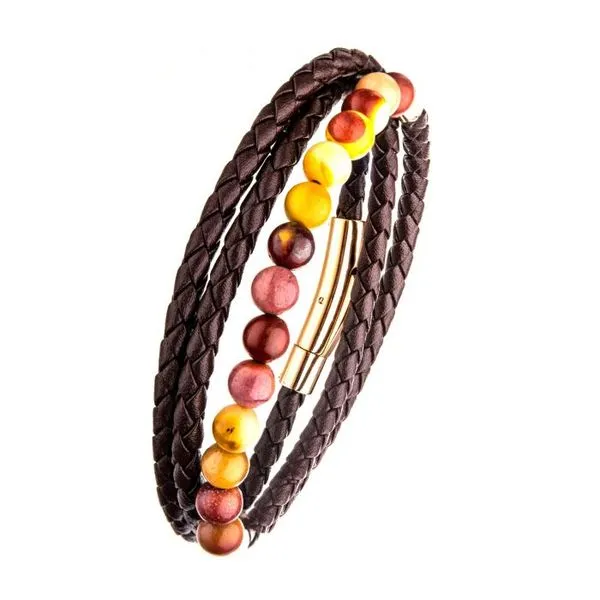 Double Wrap Brown Leather with Mookaite Beads Bracelet with Tubular Press Clasp Image 2 West and Company Auburn, NY