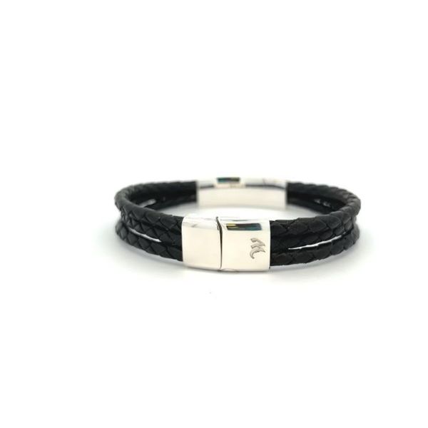 West and Company Custom Gents Sterling Silver Curved Graphic Pattern Bracelet with Triple Strand Black Leather Band and Magnetic Image 3 West and Company Auburn, NY