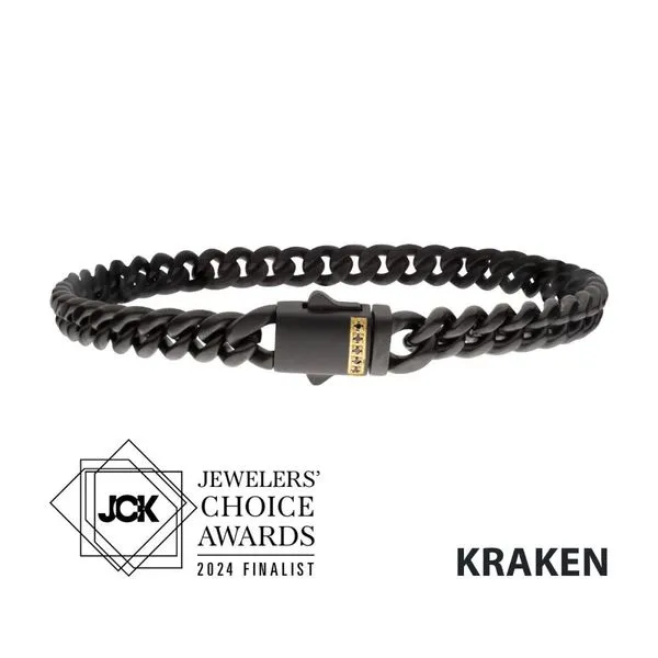 8mm Black IP Steel Matte Finish Miami Cuban Chain Bracelet with Genuine Black Sapphire Gem on 18KT Gold IP Double Press Box Clasp7.5IN West and Company Auburn, NY