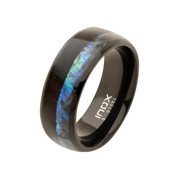 Stainless Steel 8mm Black IP Abalone Shell & Ebony Wood Inlay Ring. Available sizes: 8-12 Image 2 West and Company Auburn, NY
