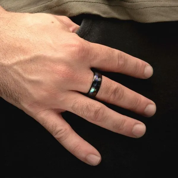 Stainless Steel 8mm Black IP Abalone Shell & Ebony Wood Inlay Ring. Available sizes: 8-12 West and Company Auburn, NY