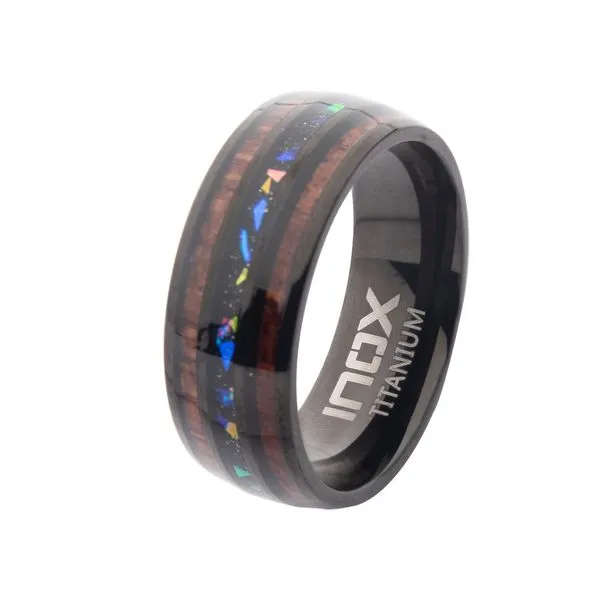Titanium Black IP Steel Wood & Opal Inlay 8mm Ring. Size 10 Available sizes: 9-13 Image 2 West and Company Auburn, NY