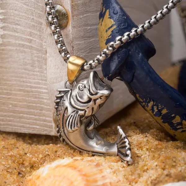 Antiqued Matte Finish Steel Largemouth Bass Pendant with Bold Box Chain (24 Inch Chain) Image 2 West and Company Auburn, NY