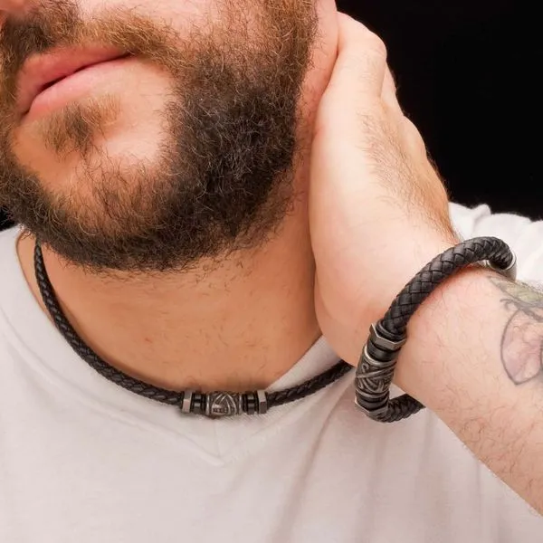 Black Full Grain Cowhide Leather Braided Bracelet with Gun Metal Beads with Tubular Press Clasp 8.5-9IN Image 2 West and Company Auburn, NY