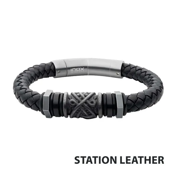 Black Full Grain Cowhide Leather Braided Bracelet with Gun Metal Beads with Tubular Press Clasp 8.5-9IN Image 3 West and Company Auburn, NY