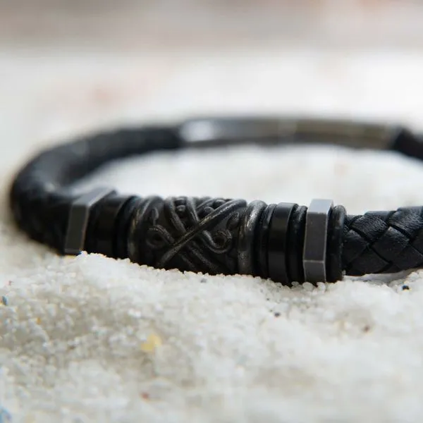 Black Full Grain Cowhide Leather Braided Bracelet with Gun Metal Beads with Tubular Press Clasp 8.5-9IN West and Company Auburn, NY