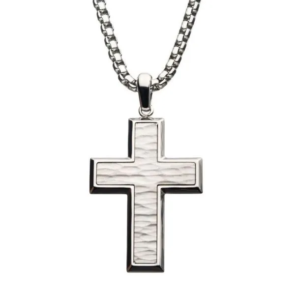 Matte Stainless Steel Hammered Design Cross Pendant with 22 inch long Box Chain West and Company Auburn, NY
