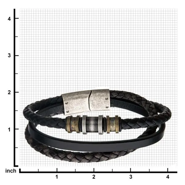 Stainless Steel Antiqued Finish Gold and Silver Beads with Black Multi Leather Full Grain Cowhide Layered Bracelet Image 2 West and Company Auburn, NY