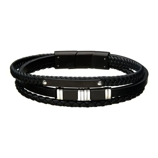 Black Multi Leather in Black & Steel Bar with Slide Magnetic Clasp Bracelet, 8.25
