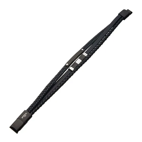 Black Multi Leather in Black & Steel Bar with Slide Magnetic Clasp Bracelet, 8.25