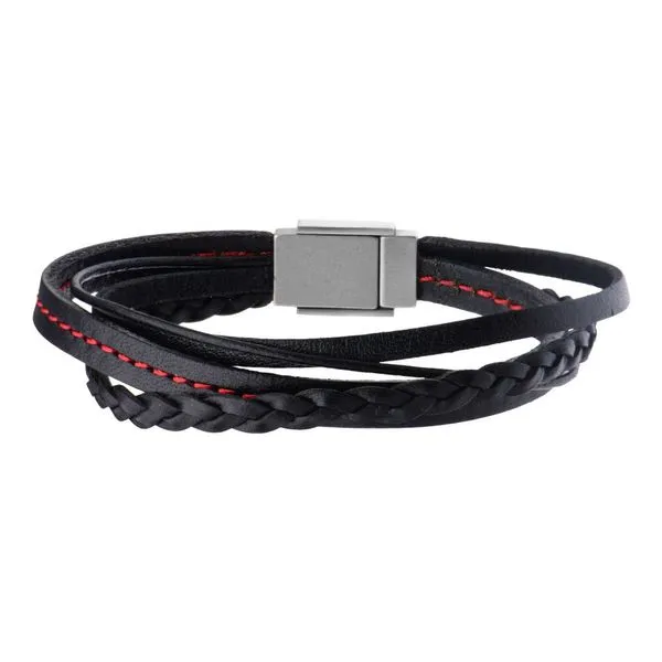 Black Leather in Red Tread and Braided Layered Bracelet with Steel Clasp, 8.5