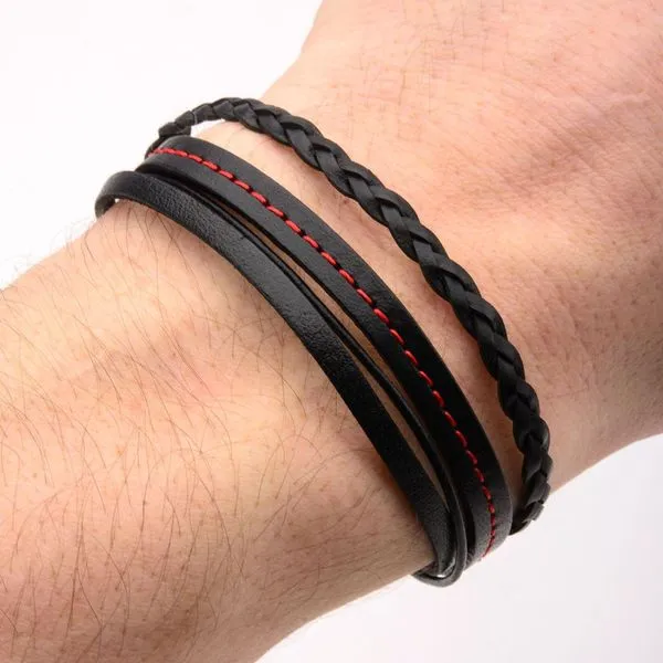 Black Leather in Red Tread and Braided Layered Bracelet with Steel Clasp, 8.5
