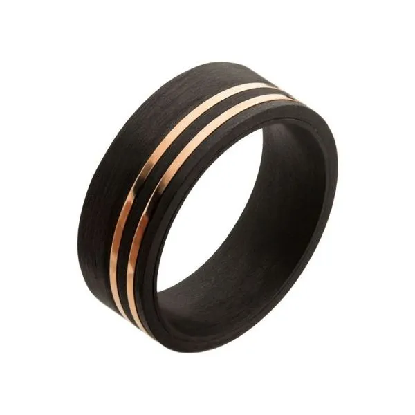 Stainless Steel Solid Carbon with Inlayed Rose Gold Thin Lines Comfort Fit Ring West and Company Auburn, NY