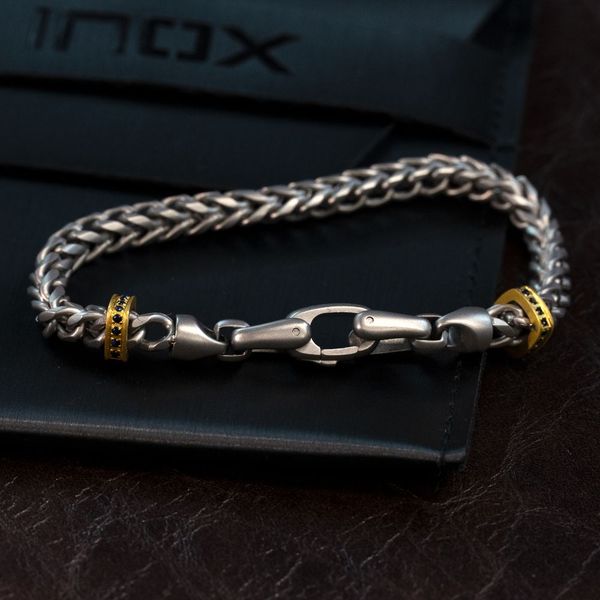 Stainless Steel Chevron Franco Chain Bracelet with Black Sapphire & 18KT Gold IP Links 8 IN Image 2 West and Company Auburn, NY