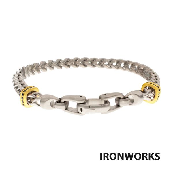 Stainless Steel Chevron Franco Chain Bracelet with Black Sapphire & 18KT Gold IP Links 8 IN Image 3 West and Company Auburn, NY