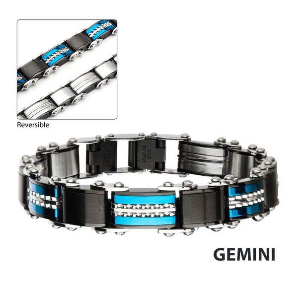 Double Sided Stainless Steel Black IP and Blue IP Reversible with Fold Over Clasp Bracelet Image 3 West and Company Auburn, NY