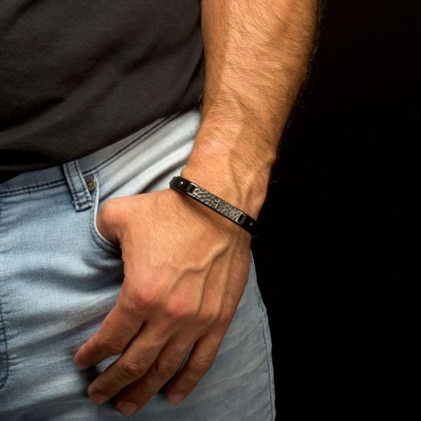 Stainless Steel Black Leather Strapped with Cross Hammered ID Bracelet- Adjustable 8.25-8.75 Inches Image 3 West and Company Auburn, NY