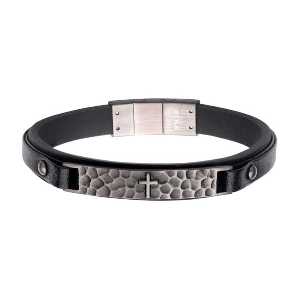 Stainless Steel Black Leather Strapped with Cross Hammered ID Bracelet- Adjustable 8.25-8.75 Inches West and Company Auburn, NY