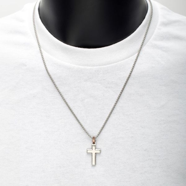 Matte Finish Steel Beveled Cross Pendant with Brown Bail and Bold Box Chain- 22 IN Image 2 West and Company Auburn, NY