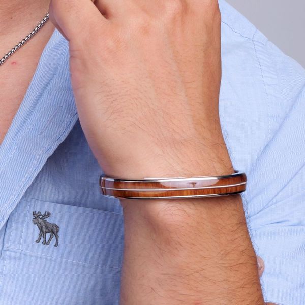 Titanium & Whiskey Barrel Wood Inlay with Embedded Guitar String Cuff Bracelet Image 3 West and Company Auburn, NY