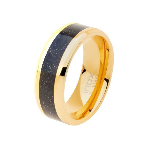 Stainless Steel 18KT Gold IP Genuine Blue Sandstone 8mm Inlay Ring- Size 11 Image 2 West and Company Auburn, NY
