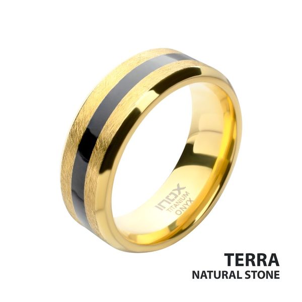 18KT Gold IP Titanium Matte Black Onyx Stone Inlay Comfort Fit Ring in Size 9 Image 2 West and Company Auburn, NY