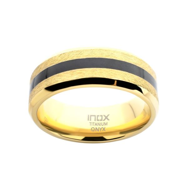 18KT Gold IP Titanium Matte Black Onyx Stone Inlay Comfort Fit Ring in Size 9 West and Company Auburn, NY
