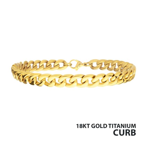 7.4mm 18KT Gold IP Titanium Curb Chain Bracelet with Lobster Clasp. 7.5 Inches in Length West and Company Auburn, NY